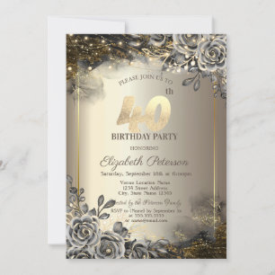 Elegant Black Roses,String Lights 40th Birthday Invitation