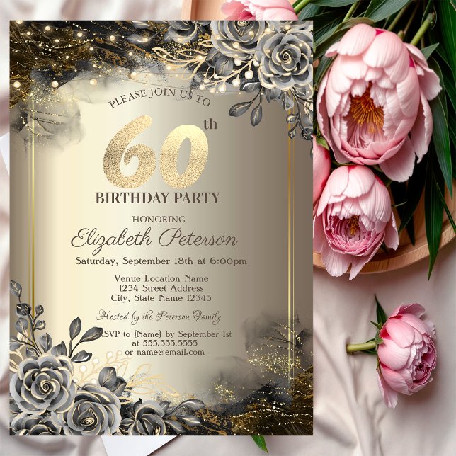 Elegant Black Roses,String Lights 60th Birthday  Invitation (Creator Uploaded)