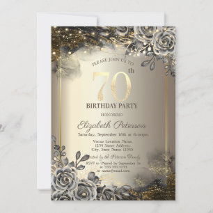 Elegant Black Roses,String Lights 70th Birthday Invitation