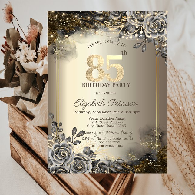 Elegant Black Roses,String Lights 85th Birthday Invitation (Creator Uploaded)