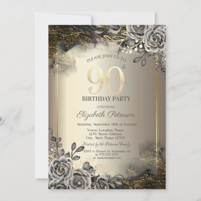 Elegant Black Roses,String Lights 90th Birthday Invitation (Front)