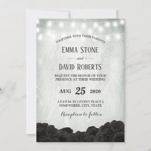 Elegant Black Roses String Lights Floral Wedding Invitation