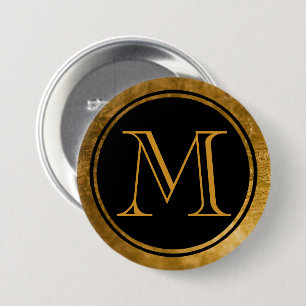 Elegant Black Round Gold Foil Framed Monogram  But Button