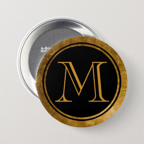 Elegant Black Round Gold Foil Framed Monogram  But Button