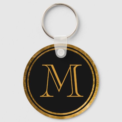 Elegant Black Round Gold Foil Framed Monogram Keychain