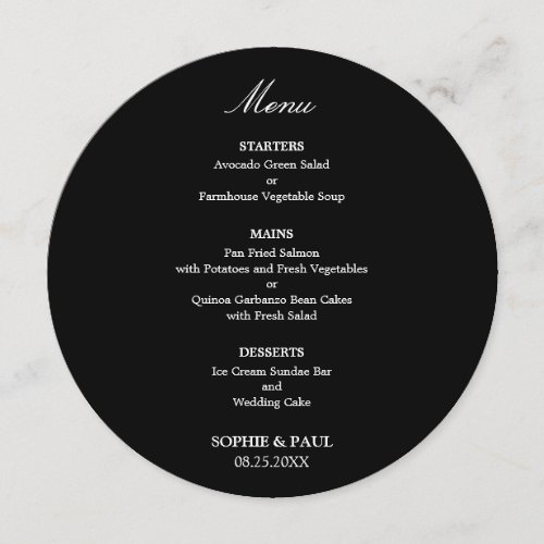 Elegant Black Round Wedding Menu
