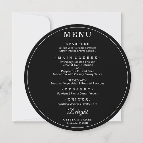 Elegant Black Round Wedding Simple Modern Menu