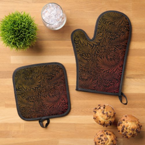 Elegant Black Rust Floral Botanical Oven Mitt  Pot Holder Set