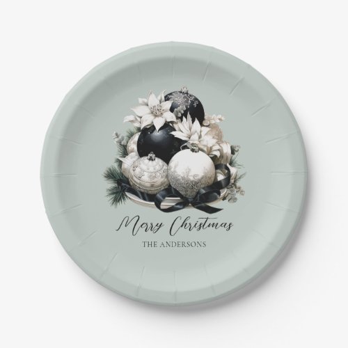 Elegant black sage green ivory Christmas ornament Paper Plates