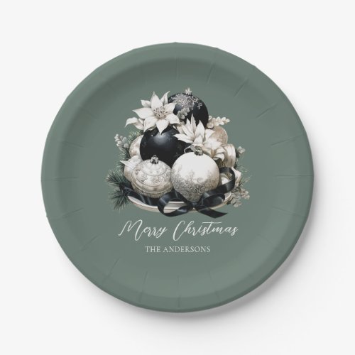 Elegant black sage green ivory Christmas ornament Paper Plates