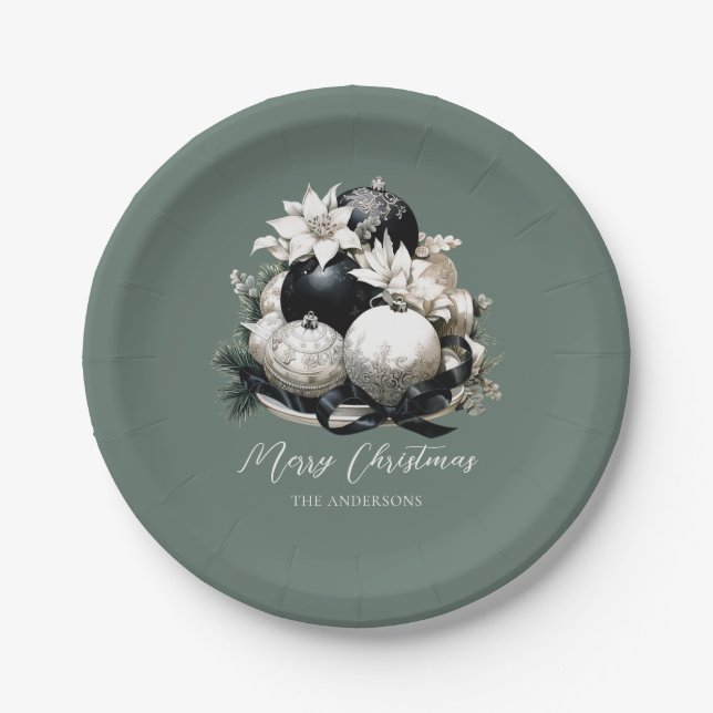 Elegant black sage green ivory Christmas ornament Paper Plates (Front)