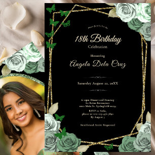 Elegant Black Sage Green Rose 18th Birthday Debut Invitation