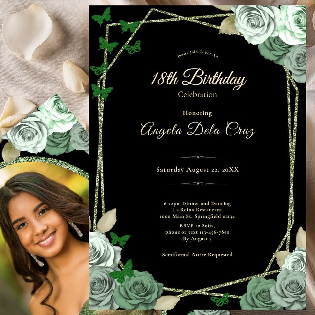 Elegant Black Sage Green Rose 18th Birthday Debut  Invitation (Creator Uploaded)