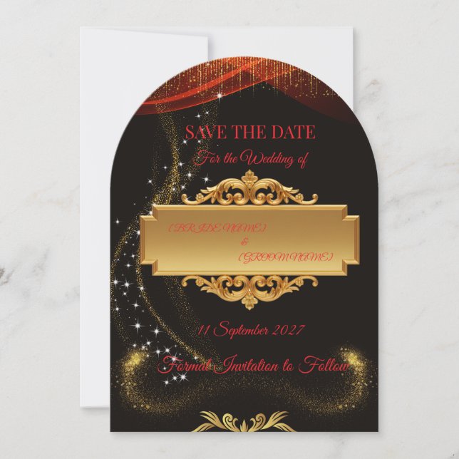 Elegant Black Save the Date Card with Gold Centre  (Front)