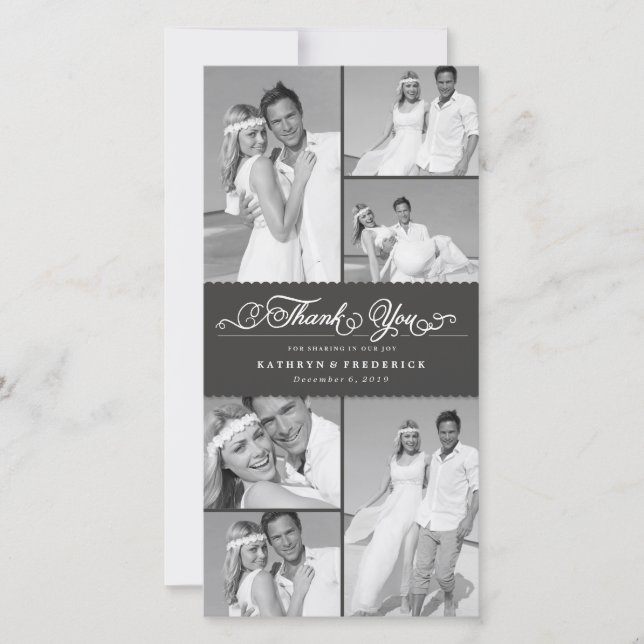 Elegant Black Scalloped Band 6 Photo Chic Wedding Thank You Card (Front)