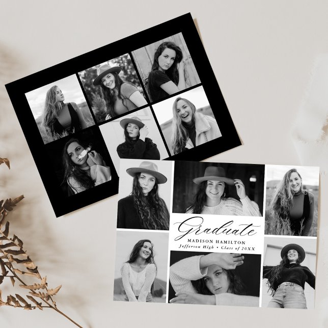 Elegant Black Script 12 Photo Collage Graduation Announcement (Creator Uploaded)