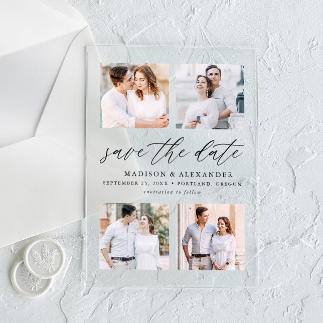 Elegant Black Script 4 Photo Wedding Save the Date (Creator Uploaded)