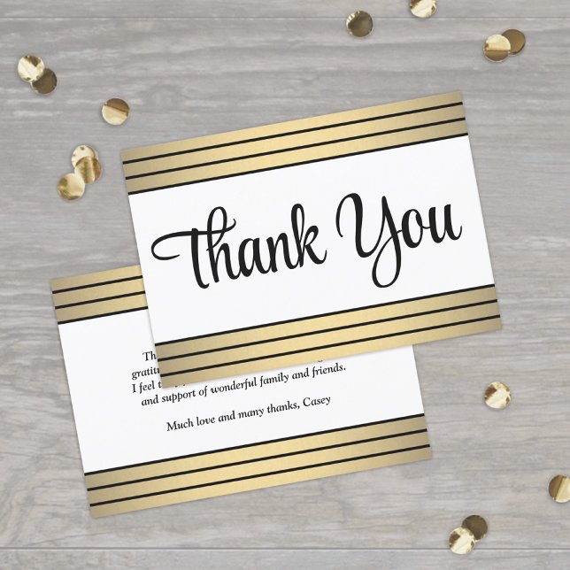 Elegant Black Script and Classic Gold Stripes Thank You Card (Creator Uploaded)