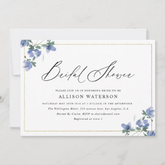 elegant black script blue floral bridal shower invitation