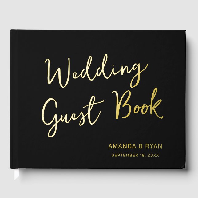 Elegant Black Script Bride Groom Wedding  Foil Guest Book (Front)