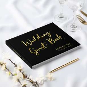 Elegant Black Script Bride Groom Wedding Foil Guest Book