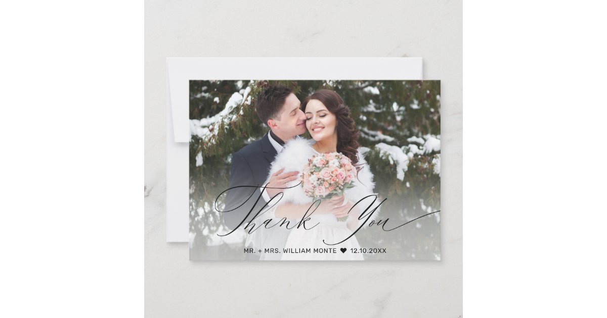 Elegant Black Script Calligraphy Photo Wedding Thank You Card | Zazzle