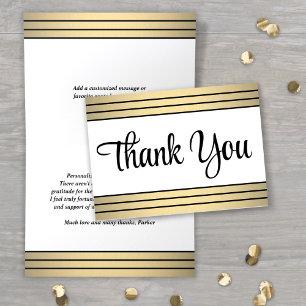 Elegant Black Script & Classic Gold Stripes Folded Letterpress Thank You Card