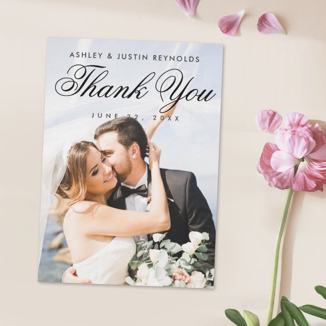 Elegant Black Script Custom Full Photo Wedding Thank You Card (Creator Uploaded)