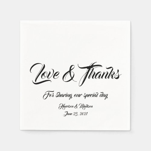 Elegant black script custom Love  Thanks names Napkins