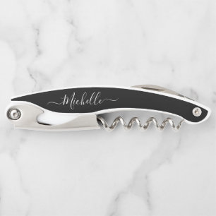 Elegant Black Script Custom Name  Waiter's Corkscrew