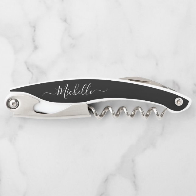 Elegant Black Script Custom Name  Waiter's Corkscrew (Front)