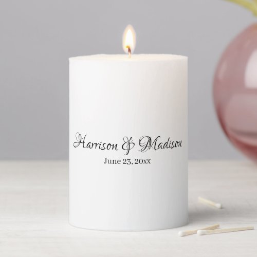 Elegant black script custom names date wedding pillar candle