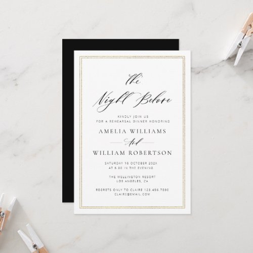 elegant black script gold frame rehearsal dinner invitation