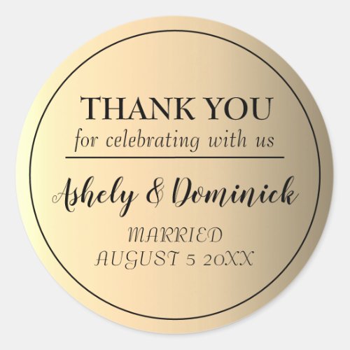 Elegant Black Script Gold Thank You Wedding Favor  Classic Round Sticker