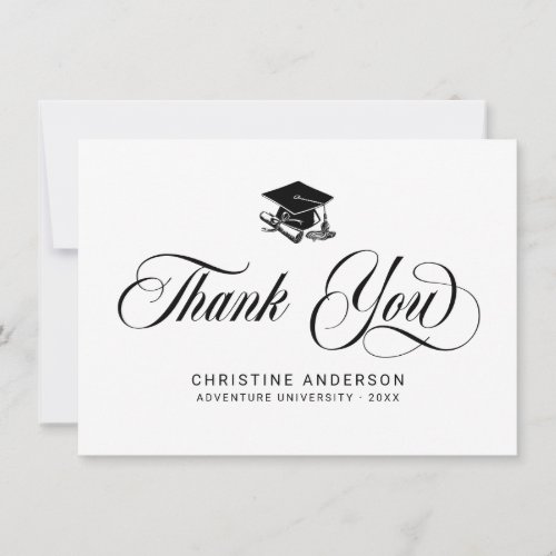 Elegant Black Script Grad Cap Graduation Thank You Card