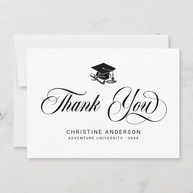 Elegant Black Script Grad Cap Graduation Thank You Card | Zazzle