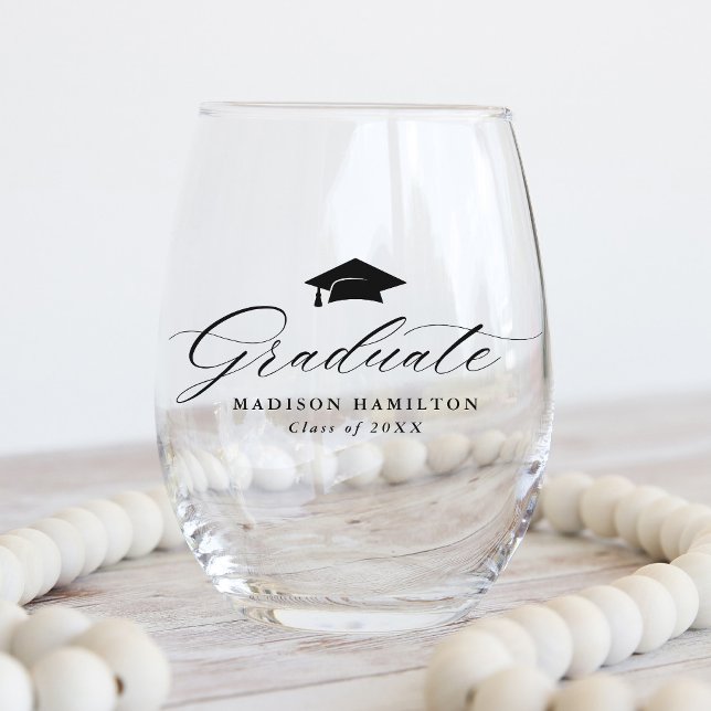 Elegant Black Script Graduate Name & Year Stemless Wine Glass (Creator Uploaded)