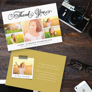 Elegant Black Script Graduation 5 Photo Collage Thank You Card