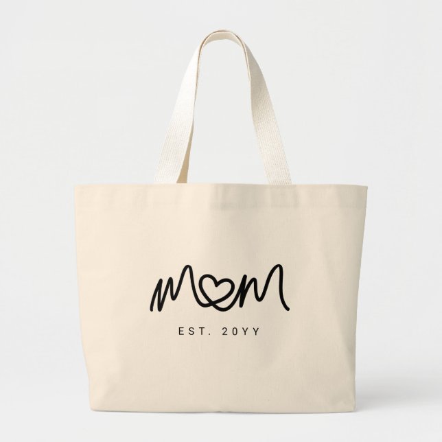 Elegant Black Script Heart New Mom Established Est Large Tote Bag (Front)