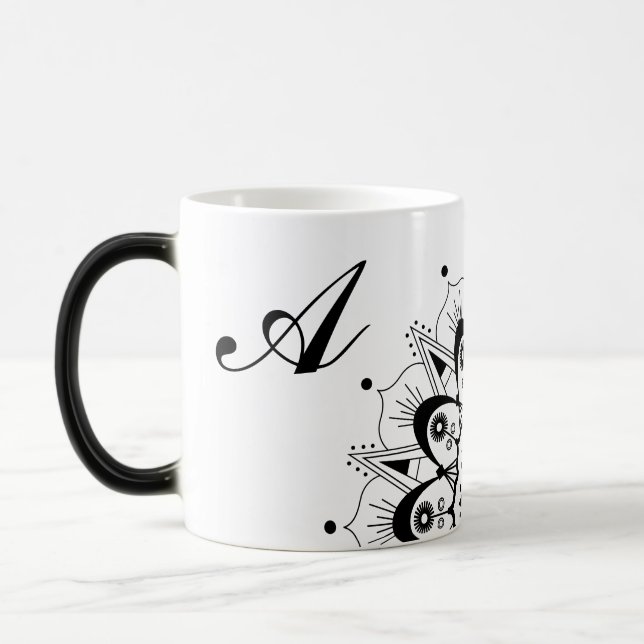 Elegant Black Script Letter Mandala Magic Mug (Left)