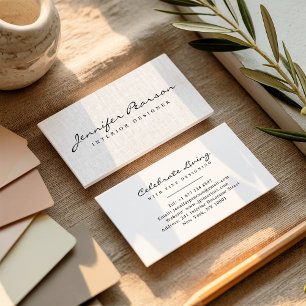 Elegant black script logo chic modern beige linen business card