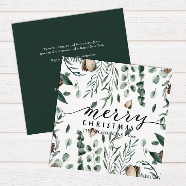 Elegant Black Script Magnolia Eucalyptus Greenery  Holiday Card (Creator Uploaded)