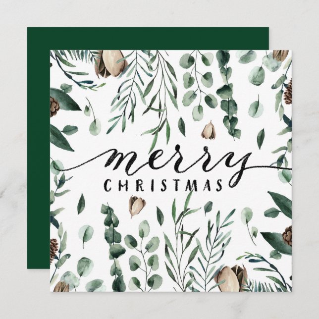Elegant Black Script Magnolia Eucalyptus Greenery Holiday Card (Front/Back)