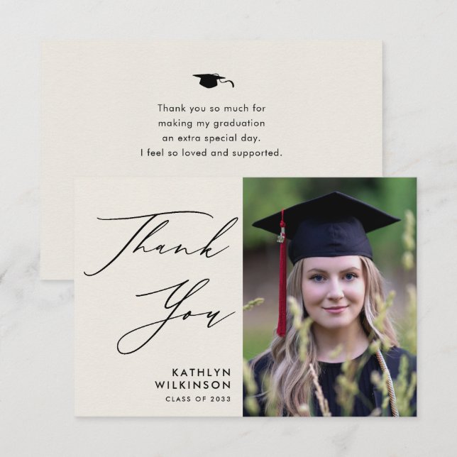 Elegant Black Script Minimalist Photo Graduation Thank You Card (Front/Back)