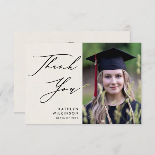 Elegant Black Script Minimalist Photo Graduation Thank You Card