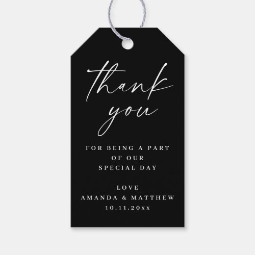 Elegant black script minimalist wedding thank you gift tags