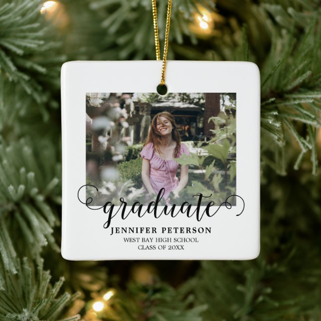 Elegant Black Script Modern 2 Photo Graduation Ceramic Ornament (Tree)