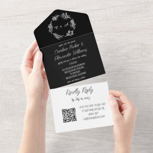 Elegant Black Script Modern Unique RSVP QR Code Al All In One Invitation