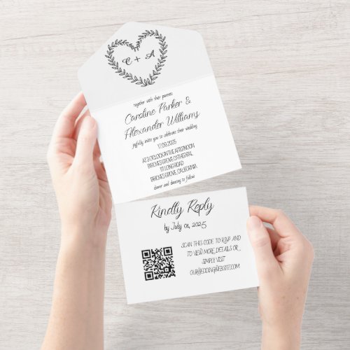 Elegant Black Script Modern Unique RSVP QR Code All In One Invitation