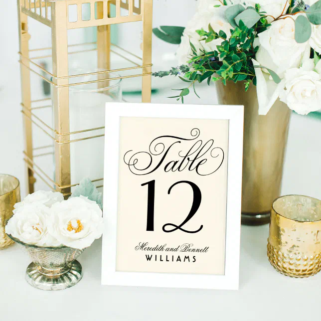 Elegant Black Script Monogram | Ivory Table Number | Zazzle